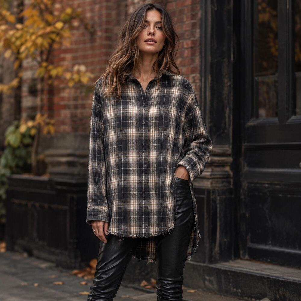 Grunge Luxe Vince Gray Black Tartan Plaid Oversized Raw Hem Flannel Shirt L $275